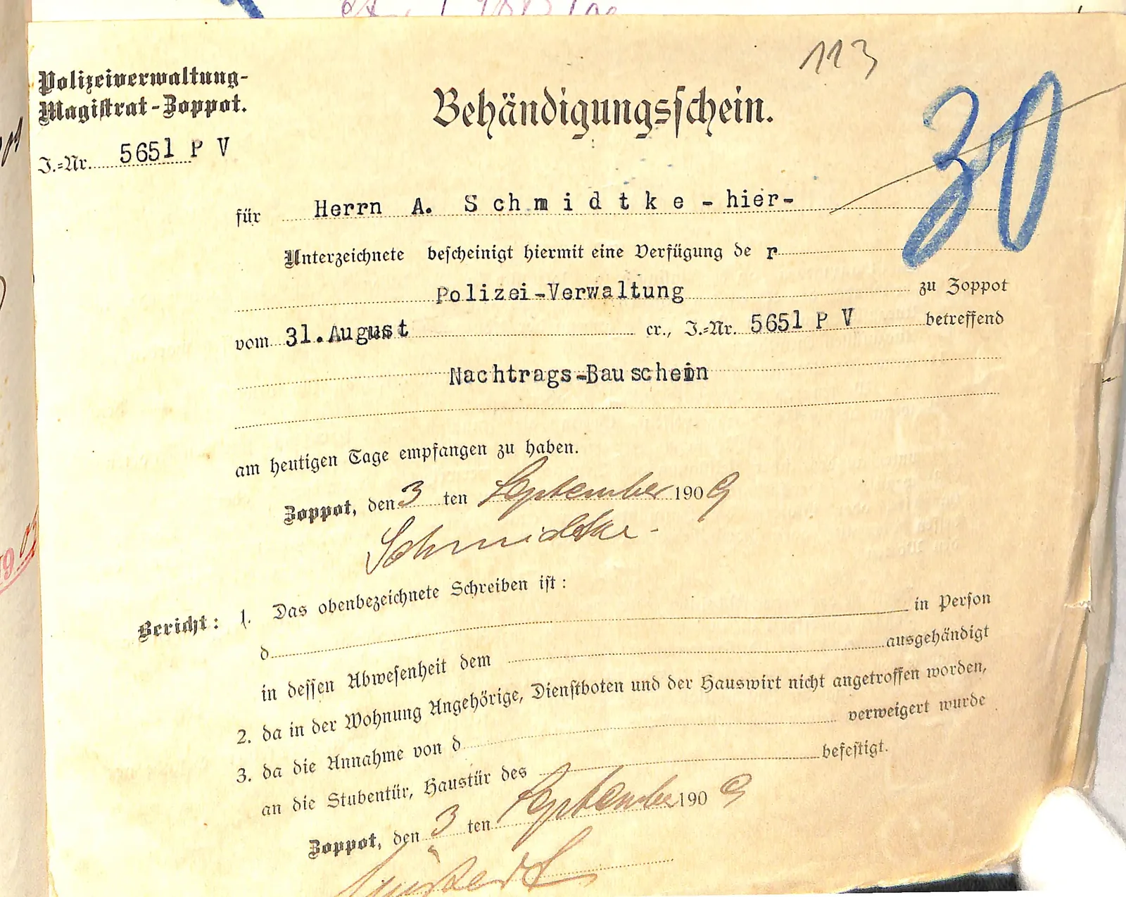 Skan: Potwierdzenie doręczenia Nachtrags-Bauscheinu nr 2/09