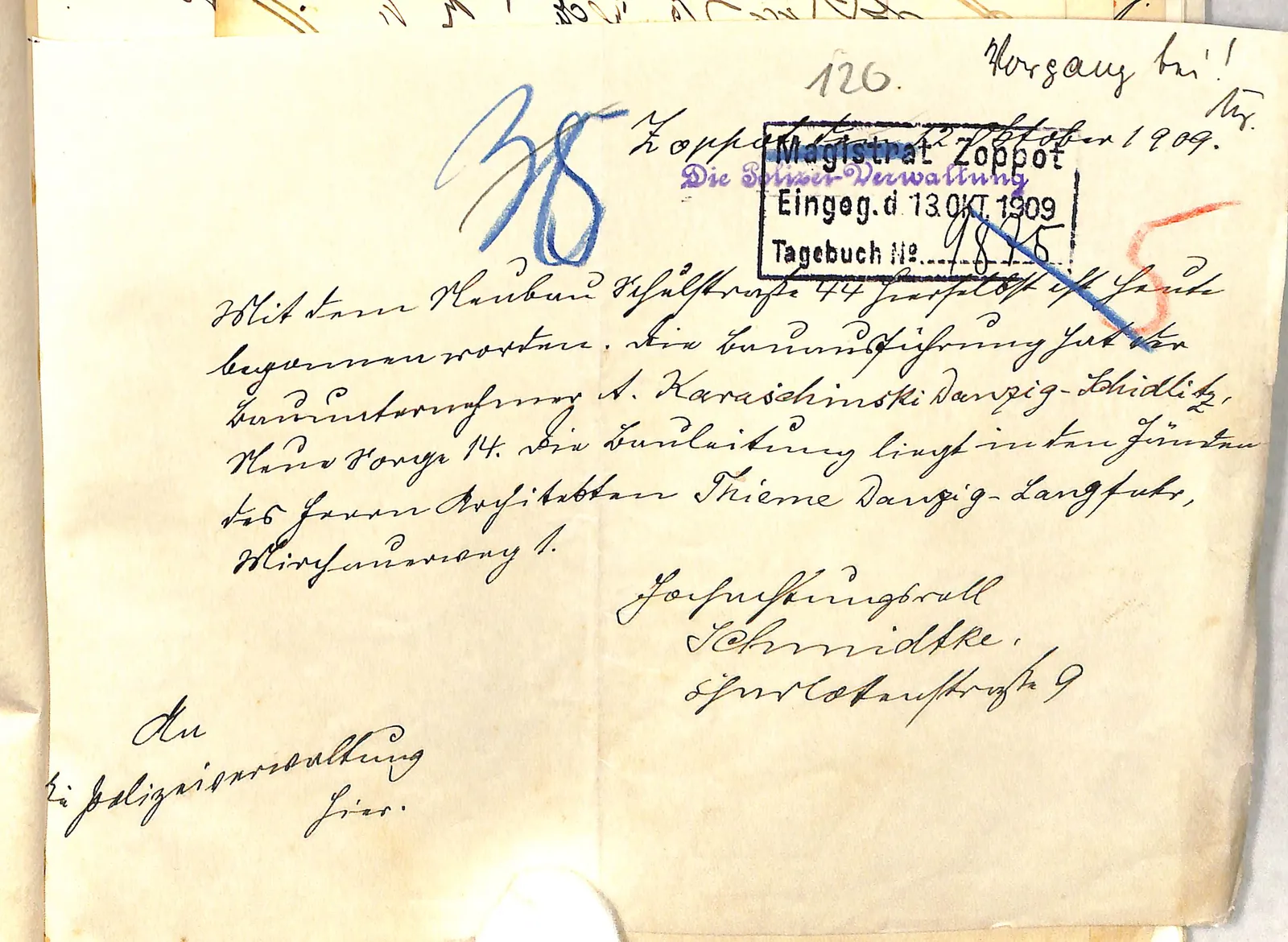 Skan: Zgłoszenie rozpoczęcia budowy kamienicy (12 X 1909)