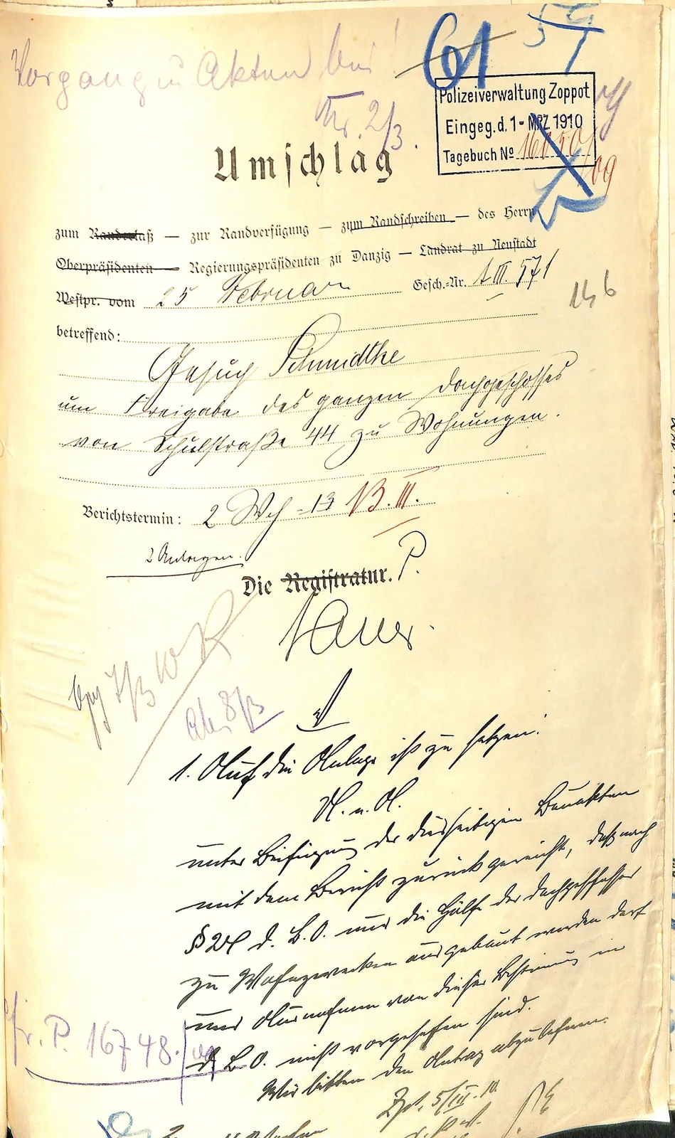 Skan: Okładka rejencyjna i odpowiedź urzędu ws poddasza (5 III 1910)