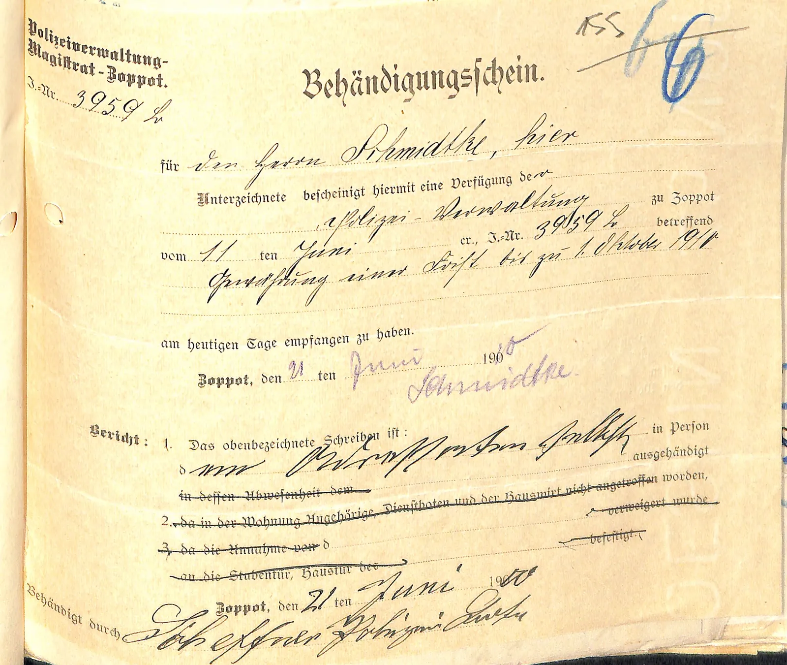Skan: Poświadczenie doręczenia terminu do 1 października 1910