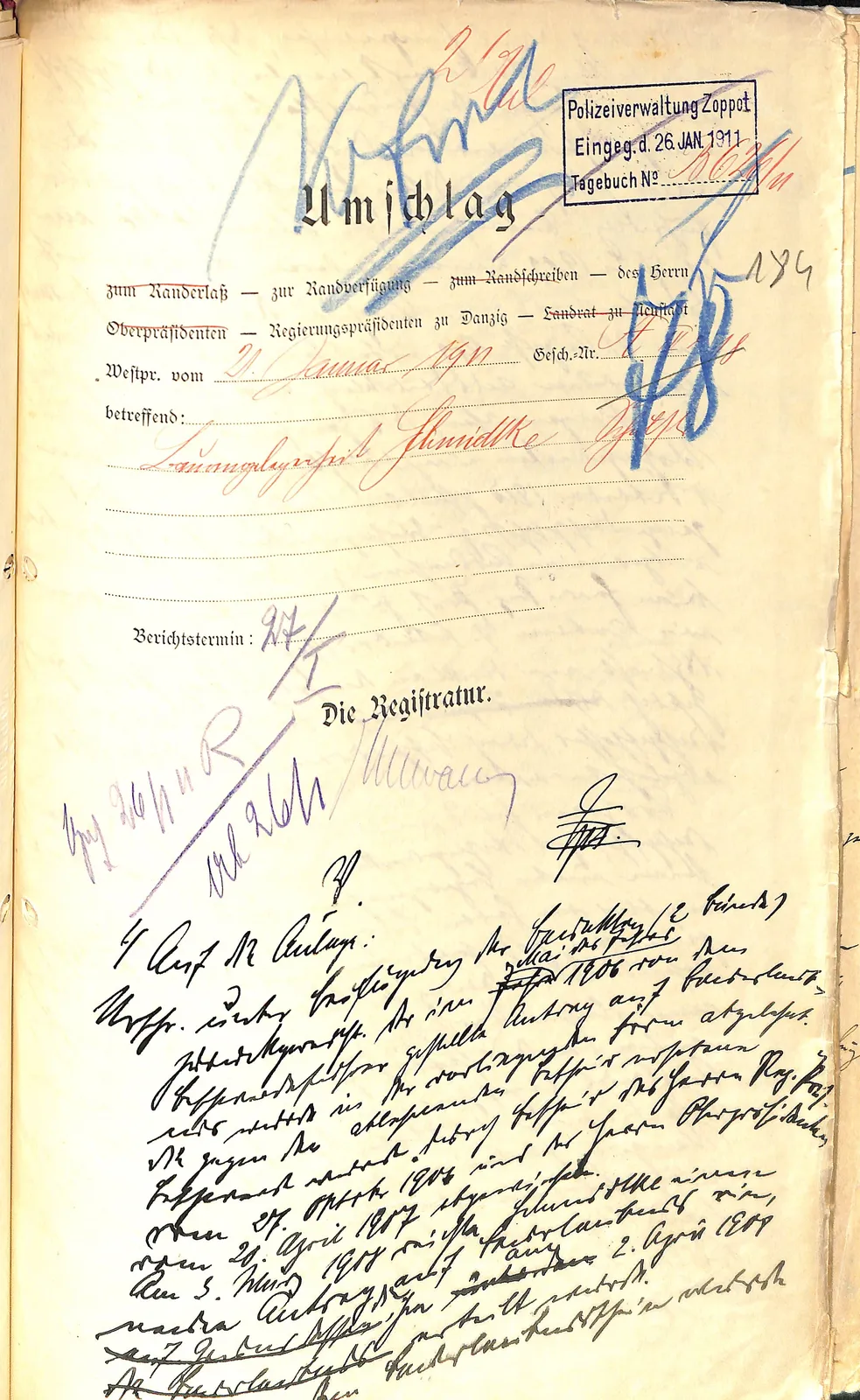 Skan: Okładka sprawy Bauangelegenheit Schmidtke i brulion sprawozdania (1/3)