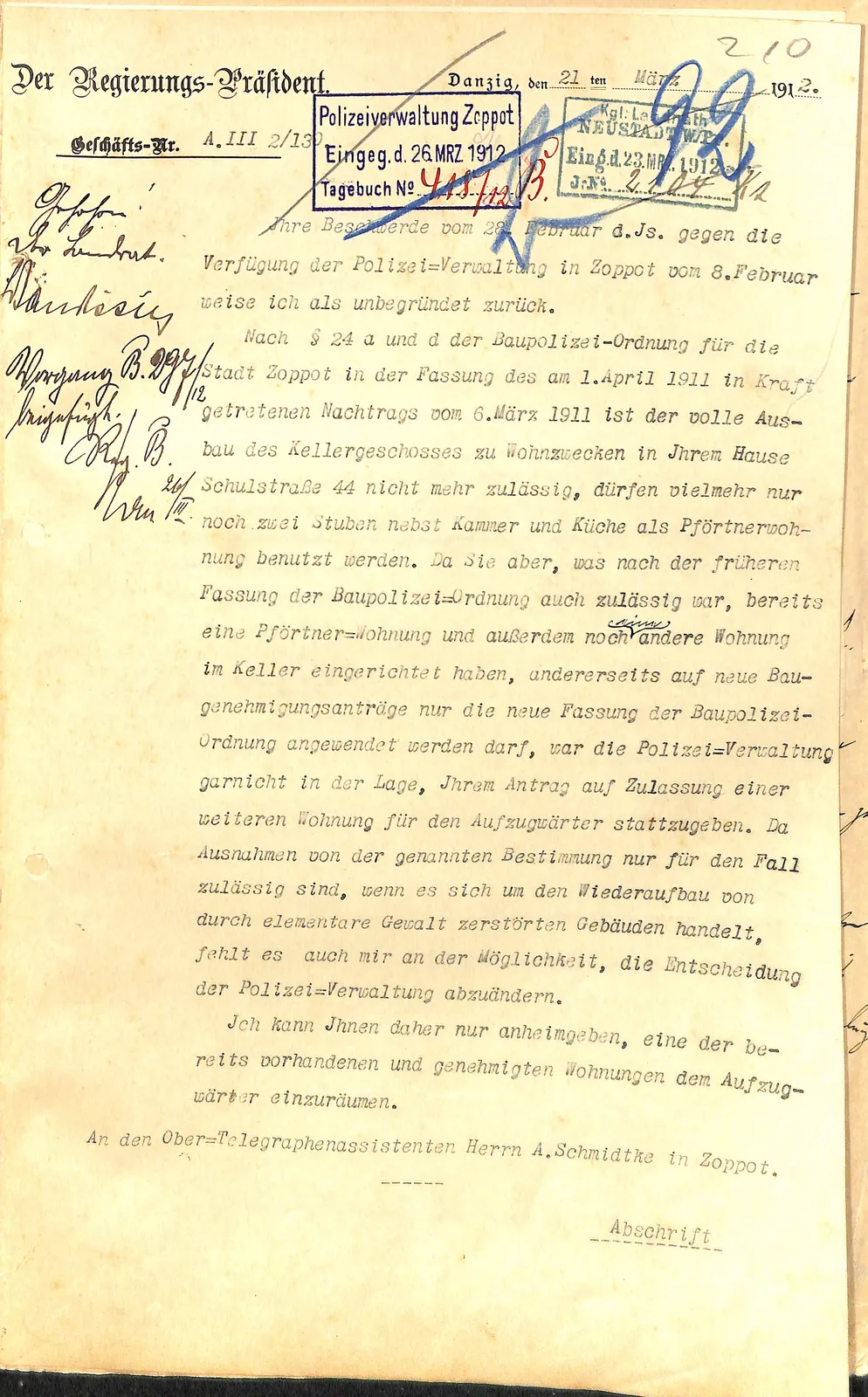 Skan: Decyzja Rejencji oddalająca odwołanie ws mieszkania dozorcy windy (1/2)
