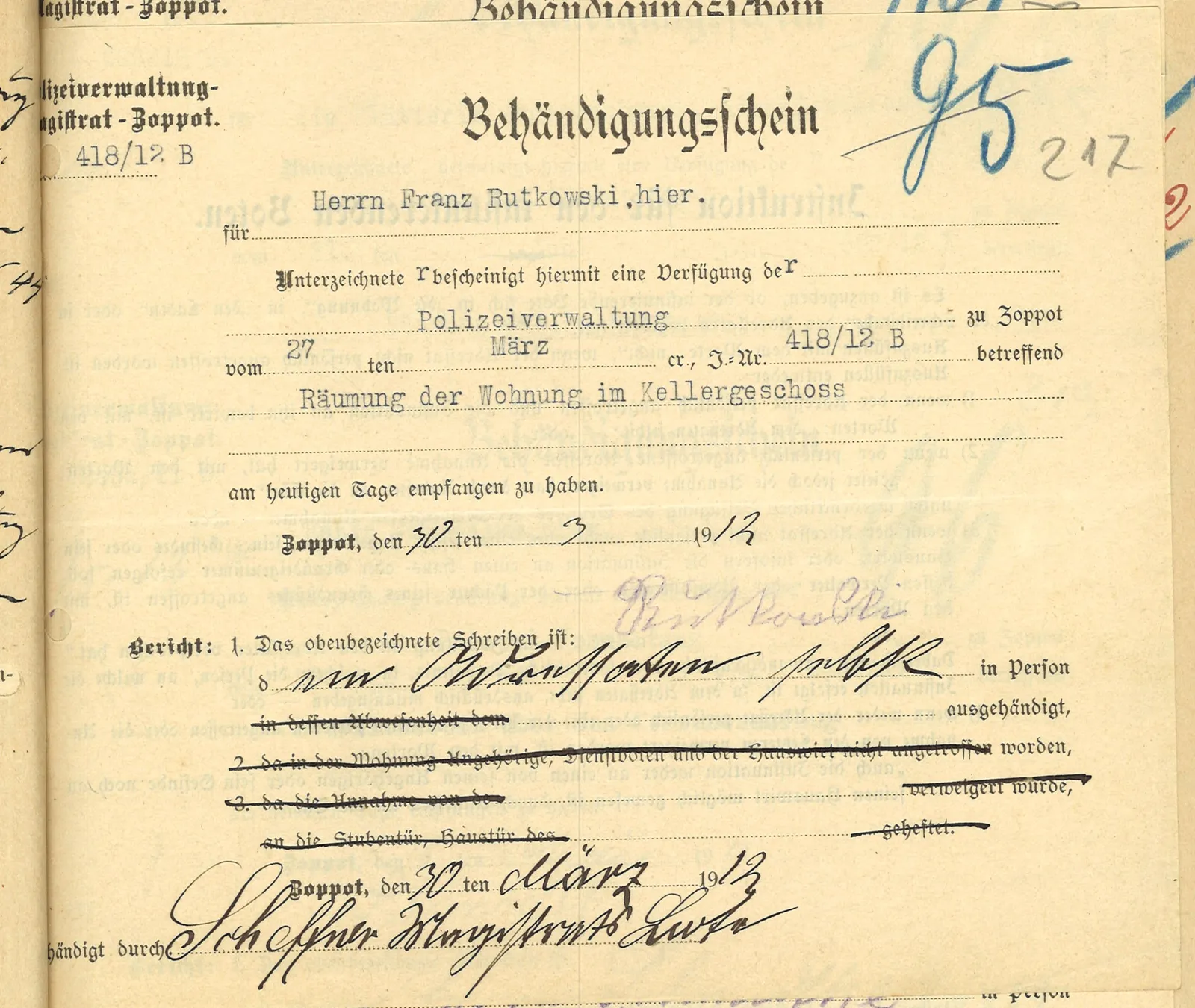 Skan: Poświadczenie doręczenia zarządzenia Rutkowskiemu (30 III 1912)
