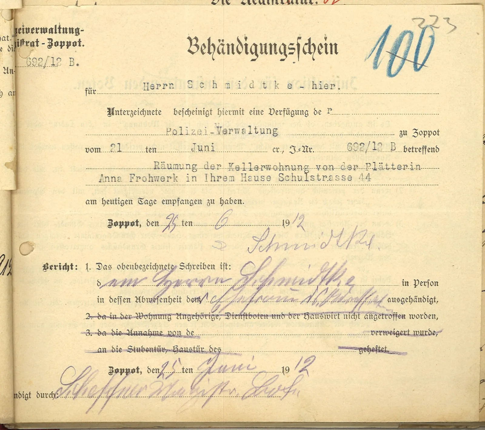 Skan: Poświadczenie doręczenia Schmidtkemu nakazu ws Frohwerk