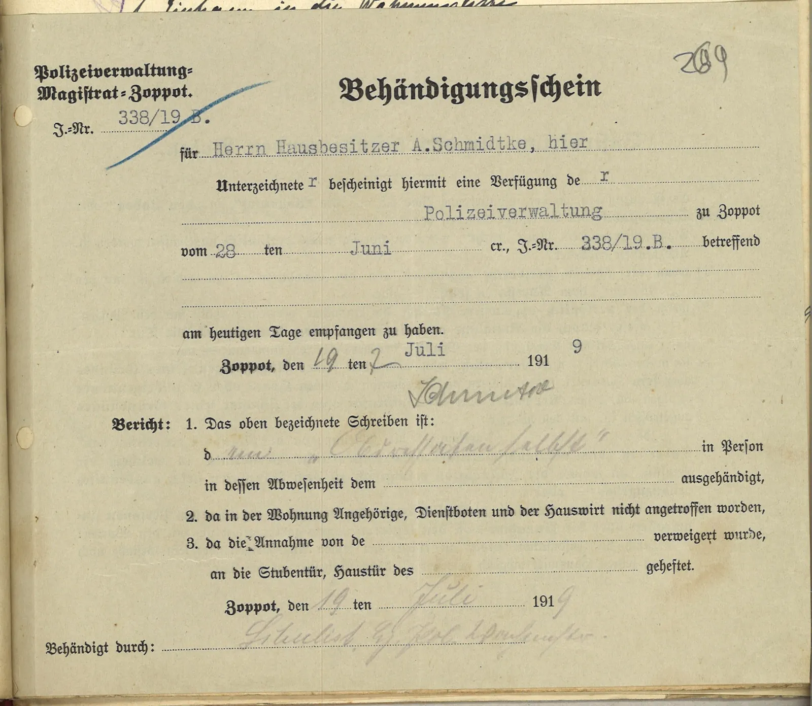 Skan: Poświadczenie doręczenia zarządzenia policji z 28 VI 1919 — ujęcie 1 z 2