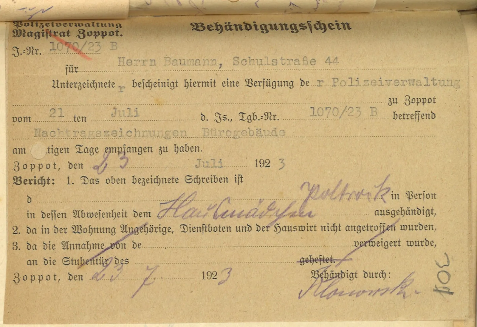 Skan: Dowód doręczenia nakazu Eugenowi Baumannowi (23 VII 1923)
