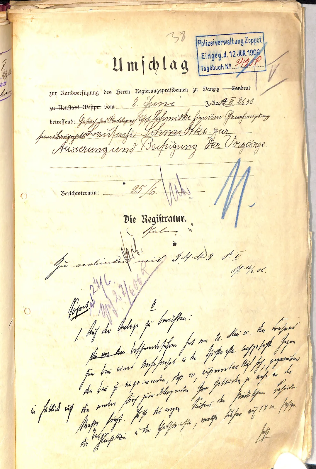 Skan: Okładka sprawy skargi budowlanej Schmidtkego (8 VI 1906)