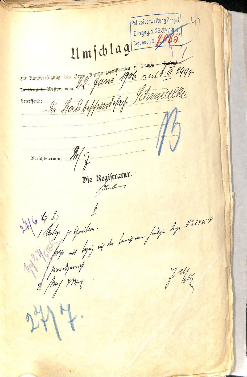 Skan: Okładka sprawy - trzecie zarządzenie Prezesa Rejencji (22 VI 1906)