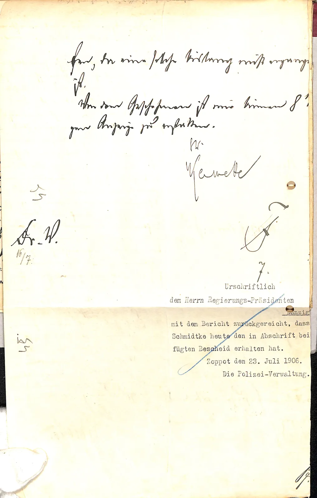 Skan: Potwierdzenie doręczenia decyzji Schmidtkemu (23 VII 1906)