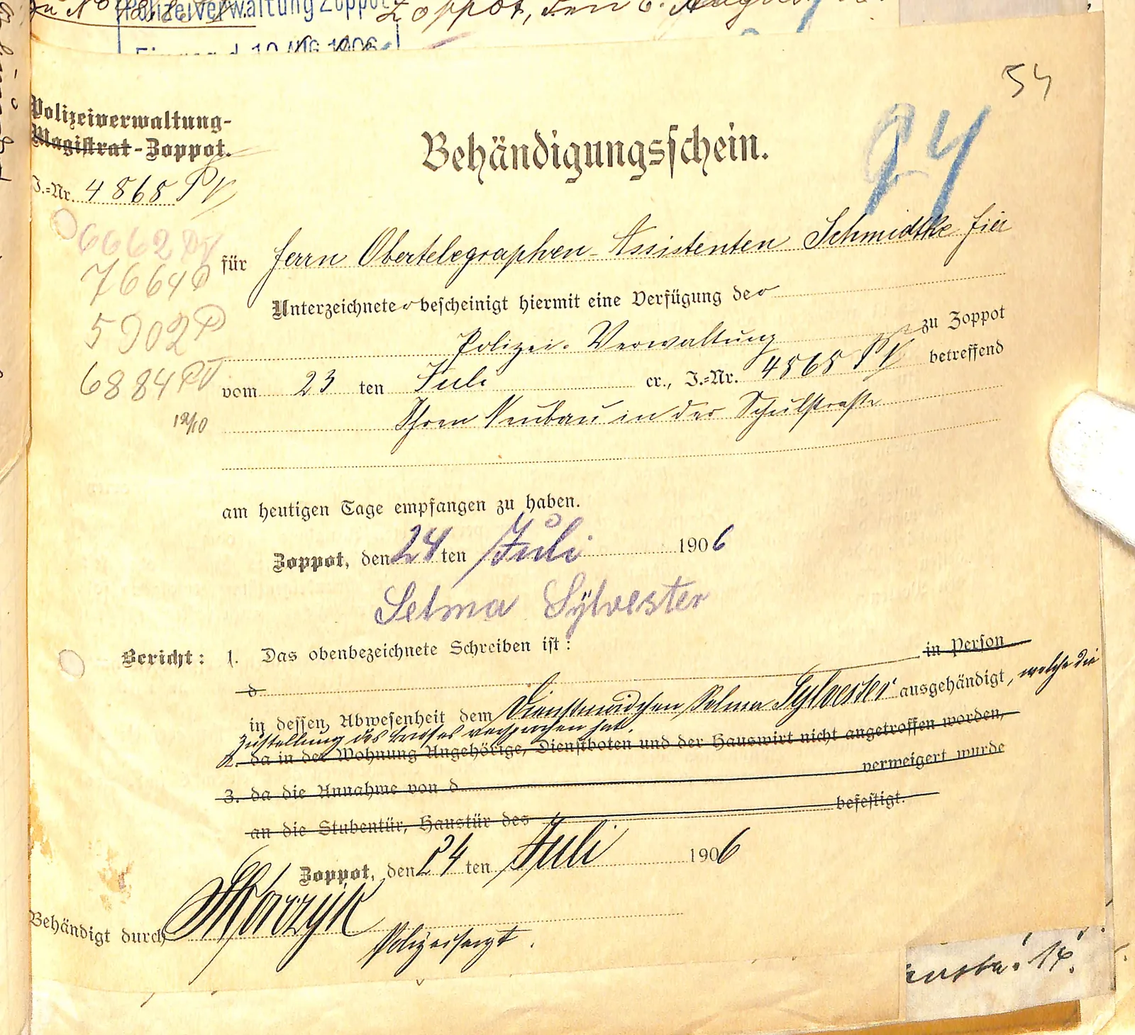 Skan: Poświadczenie doręczenia zarządzenia J.-Nr. 4865 P.V.