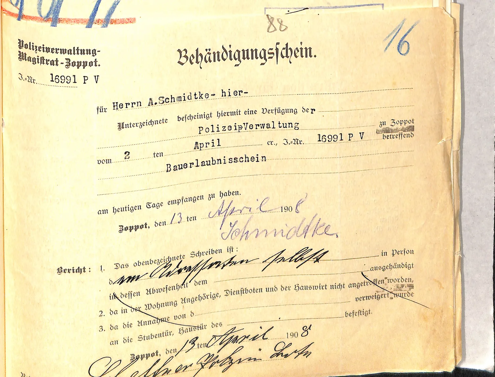 Skan: Poświadczenie doręczenia Bauscheinu Schmidtkemu