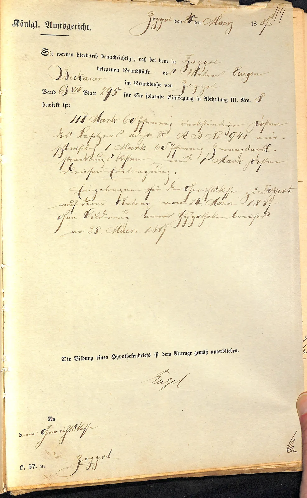 Skan: Zawiadomienie sądu wskazujące Eugena Beckauera jako właściciela (marzec 1887)