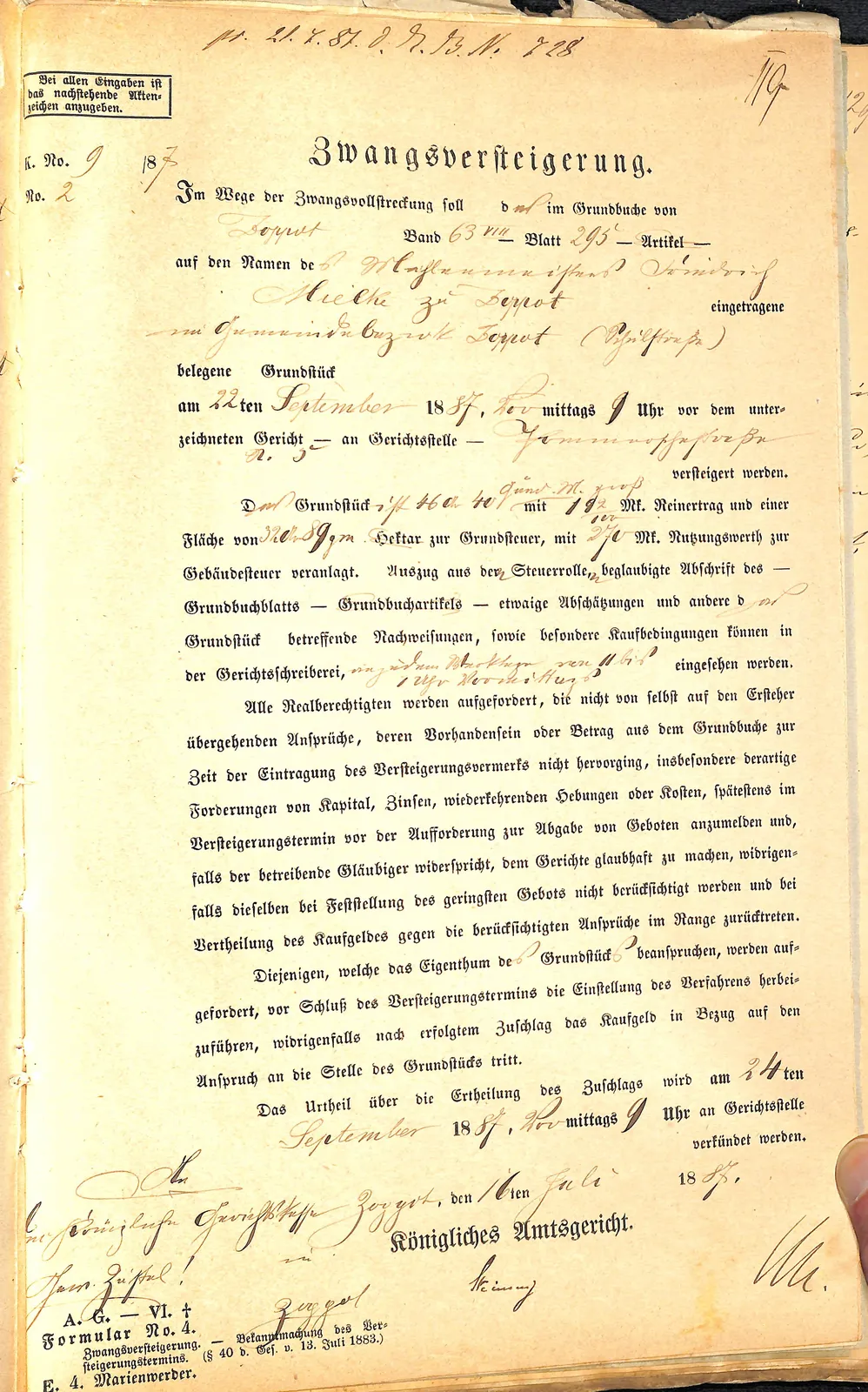 Skan: Obwieszczenie sądowe: pierwsza wzmianka działki przy Schulstraße (1887)