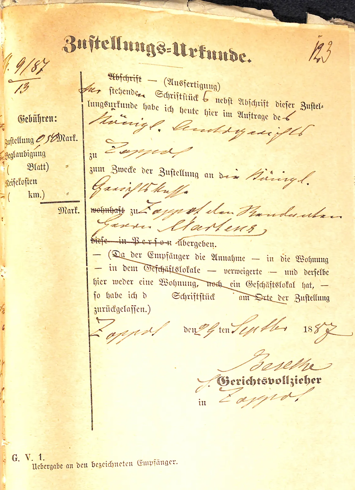 Skan: Zwrotka zamykająca obieg wyroku licytacyjnego z 24 września 1887