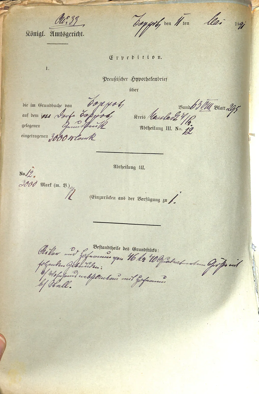 Skan: Pismo urzędowe: dom mieszkalny z przybudówką i stajnią na działce (1891) — ujęcie 2 z 2