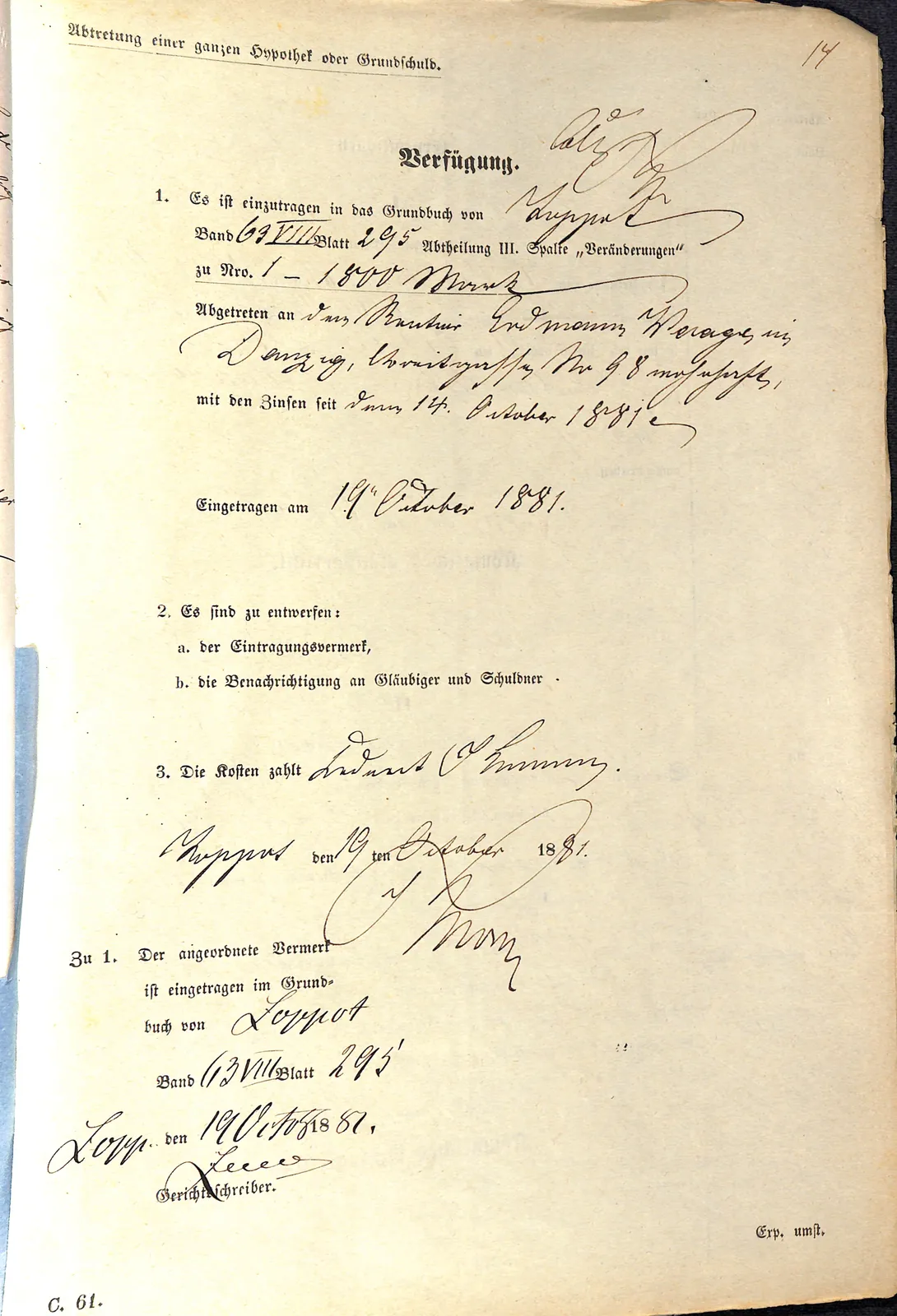 Skan: Wpis cesji hipoteki 1800 marek z Ferdinanda Kramma na Erdmanna Waage — ujęcie 1 z 3