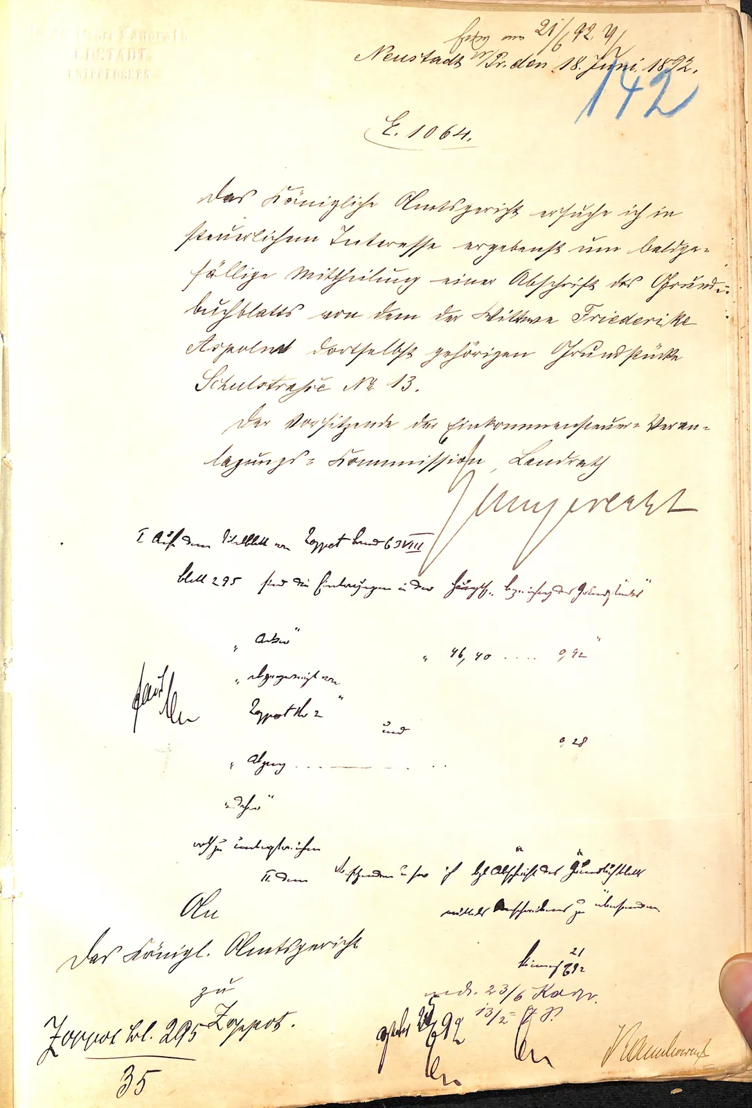 Skan: Pismo potwierdzające adres nieruchomości: Schulstraße 13 (1892)