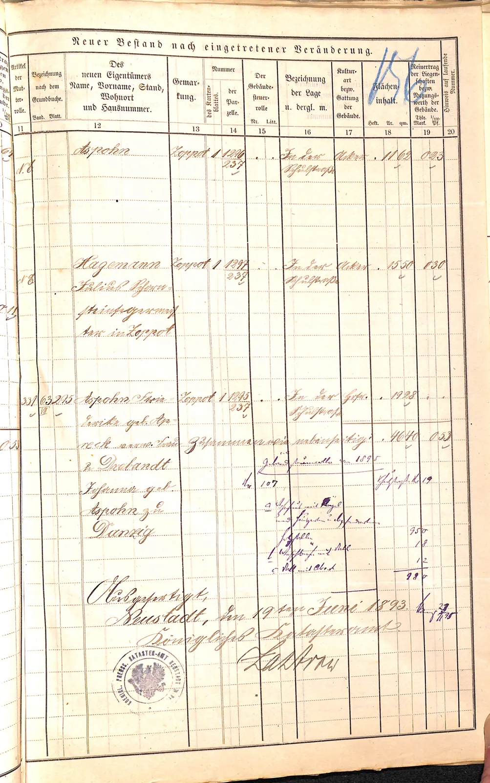 Skan: Wypis katastralny podziału z 1893 roku — parcela macierzysta 1295/237 — ujęcie 3 z 3