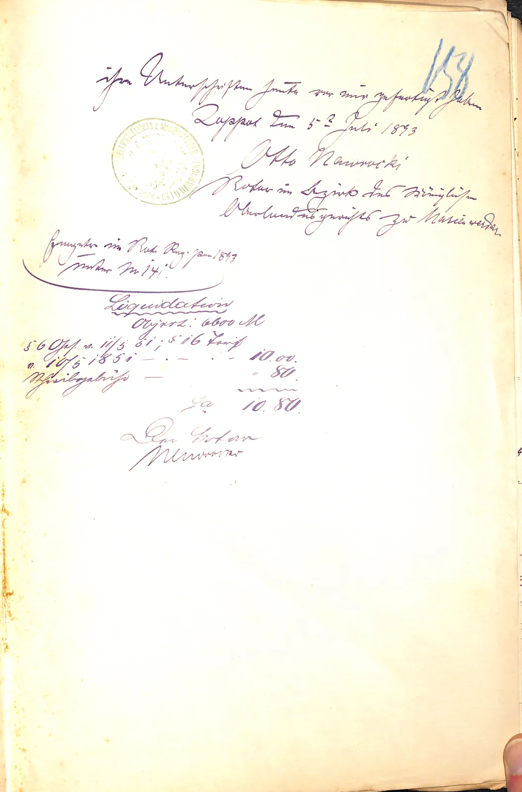 Skan: Klauzula końcowa aktu notarialnego notariusza Nawrockiego (lipiec 1893)