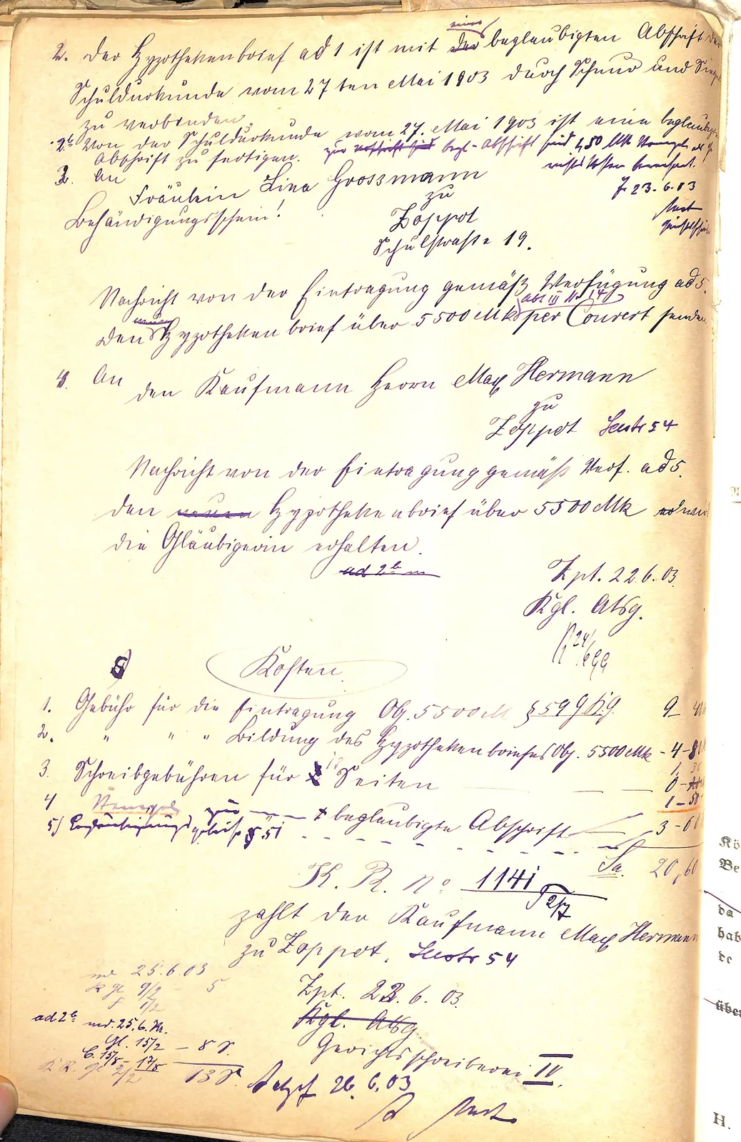 Skan: Ustanowienie hipoteki 5500 marek (dz. III nr 14) na rzecz Liny Großmann — ujęcie 4 z 4