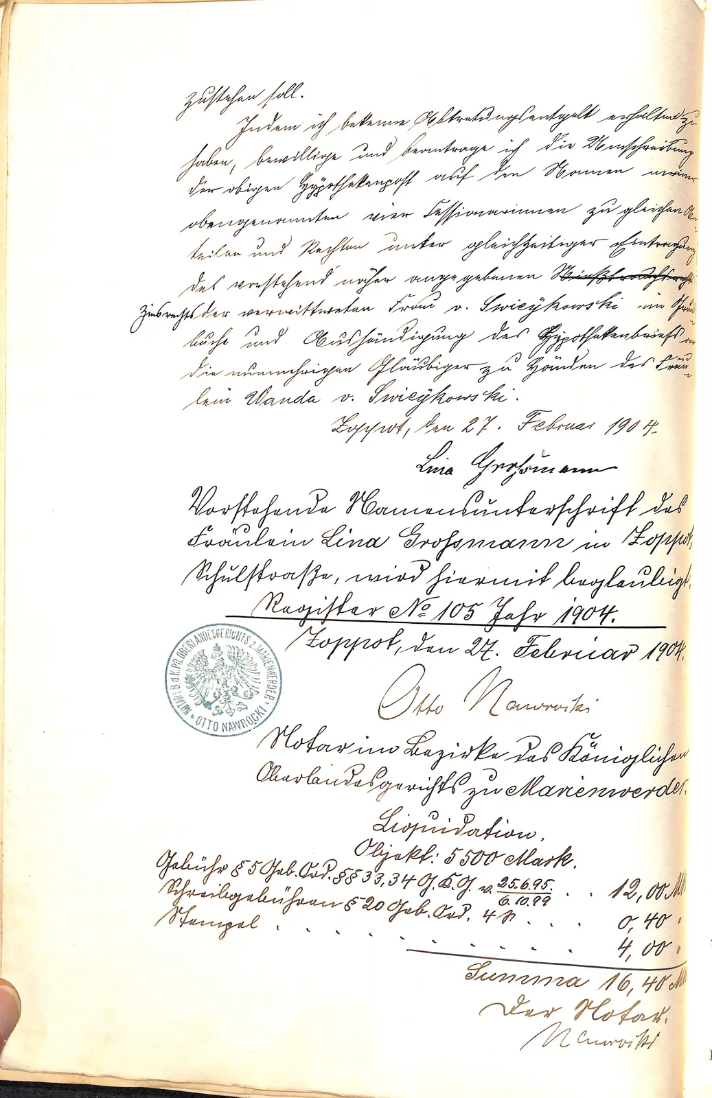 Skan: Akt notarialny cesji wierzytelności hipotecznej 5500 marek (1904) — ujęcie 2 z 2