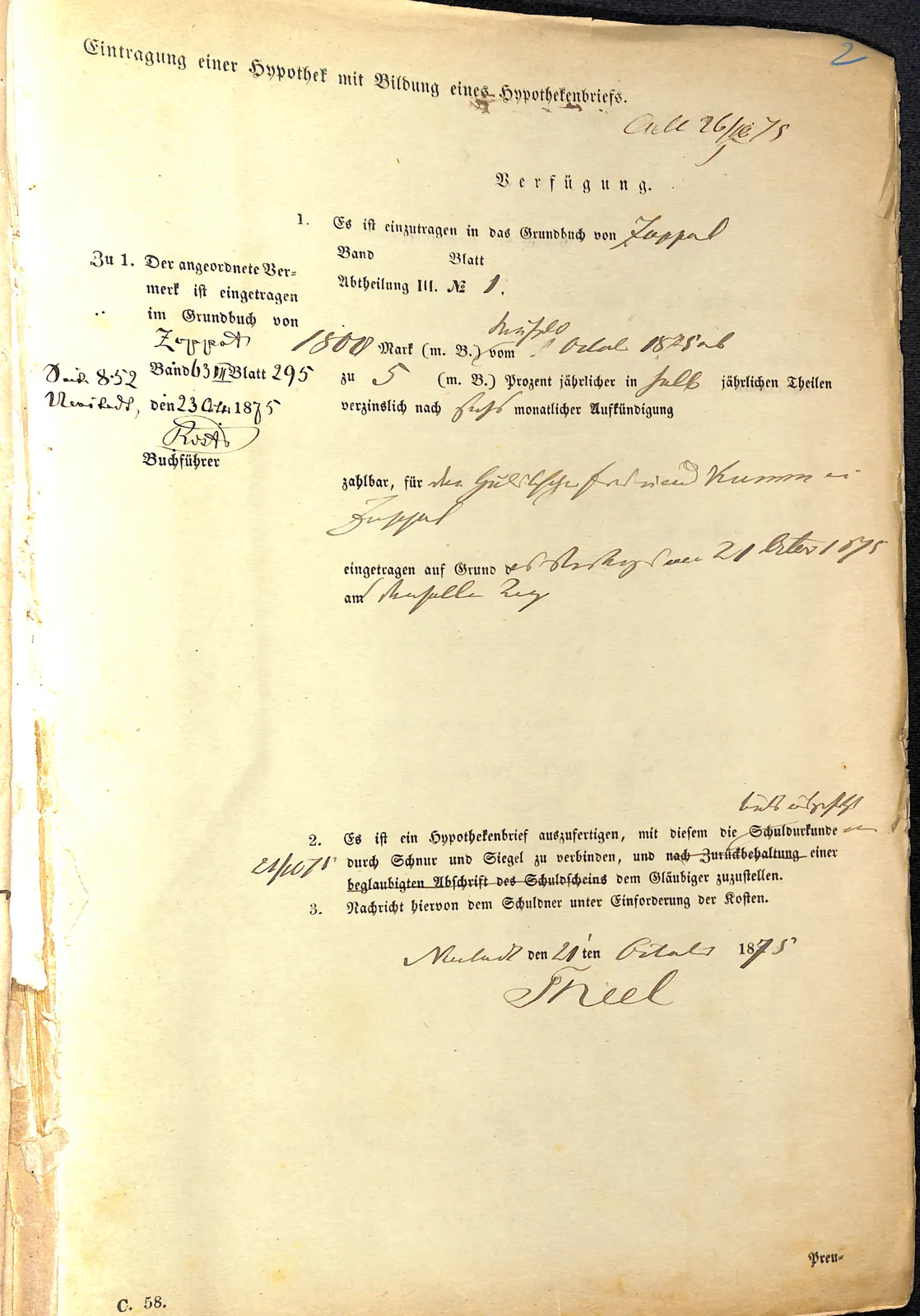 Skan: Wpis pierwszej hipoteki 1800 marek na rzecz Ferdinanda Kramma — ujęcie 1 z 2