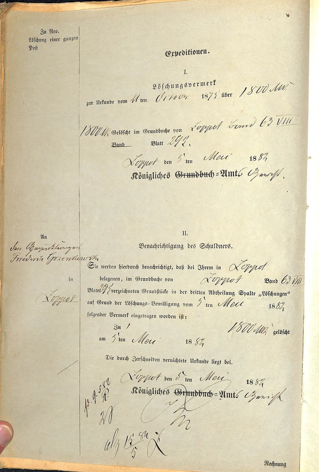 Skan: Spłata i wykreślenie najstarszej hipoteki 1800 marek (obecnie Erdmanna Waage) — ujęcie 4 z 4