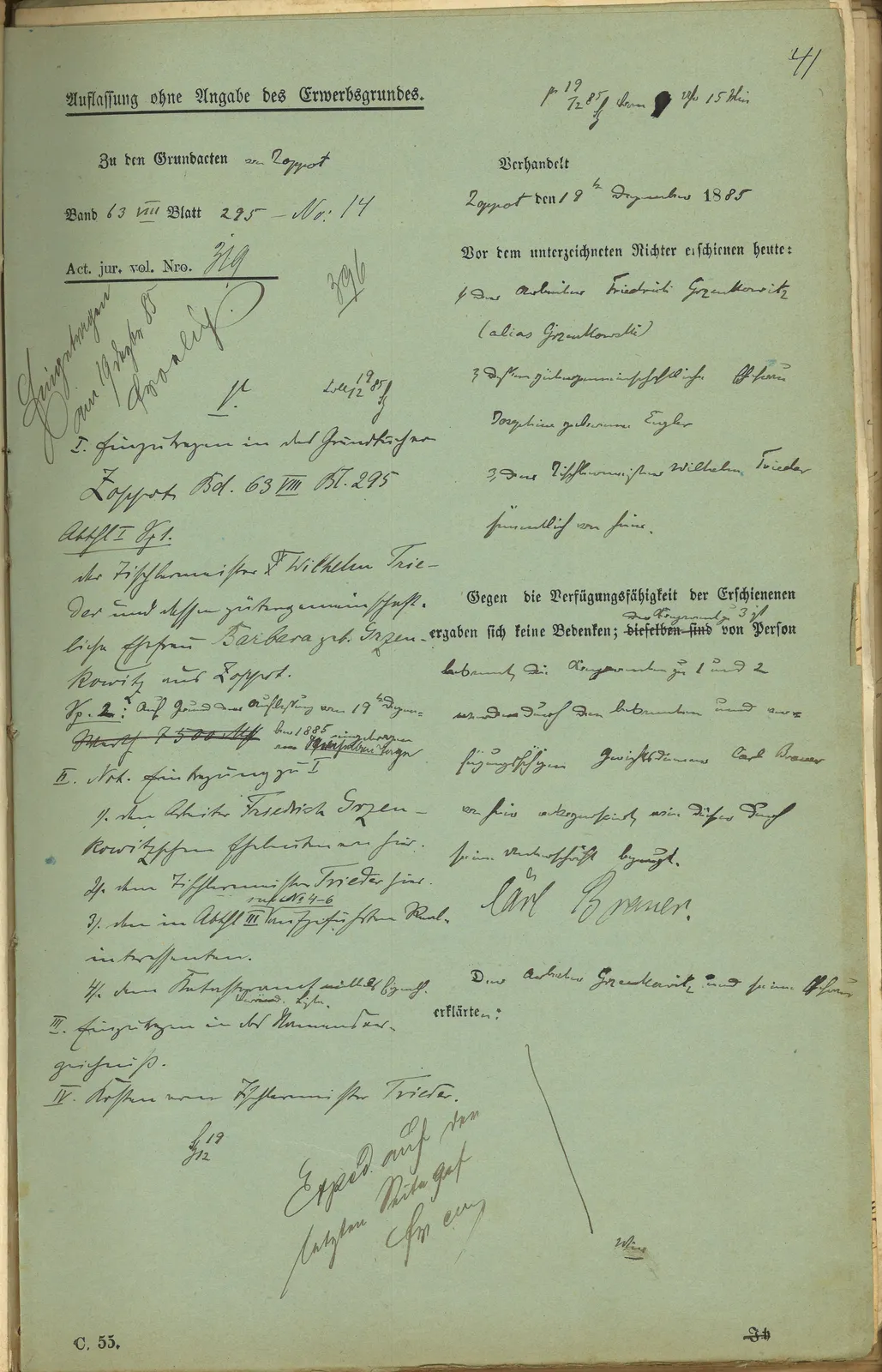 Skan: Przewłaszczenie działki z Grzenkowskich na małżonków Trieder (1885) — ujęcie 1 z 2