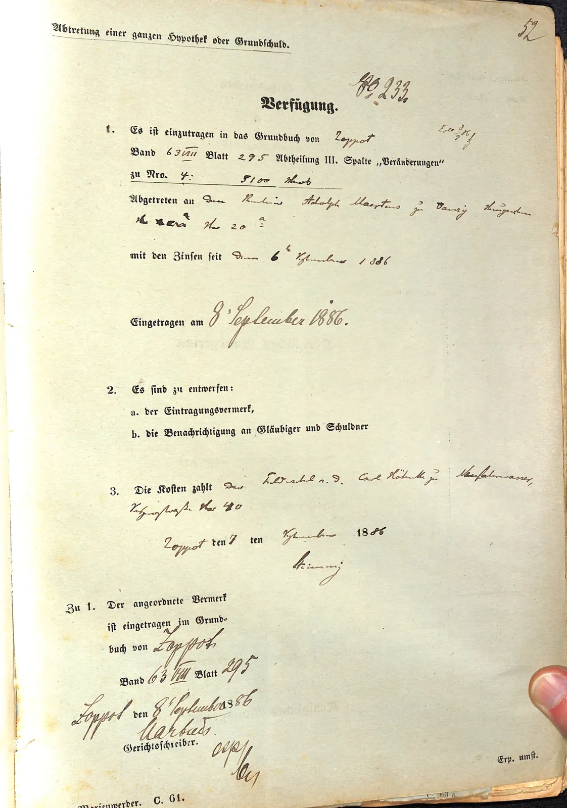Skan: Wpis cesji hipoteki 5100 marek Höhnke→Maertens; właściciel: Wilhelm Frieder — ujęcie 1 z 2