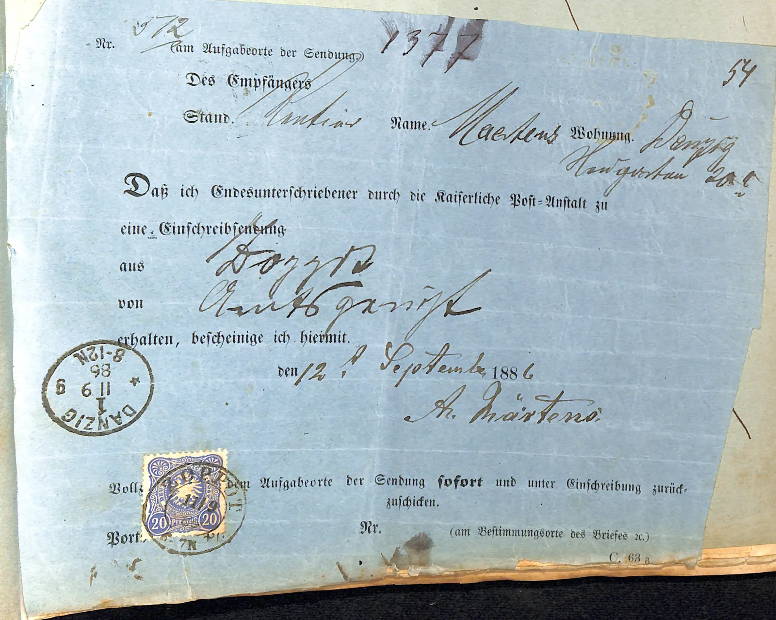 Skan: Zwrotka odbioru listu hipotecznego przez Adolpha Maertensa w Gdańsku