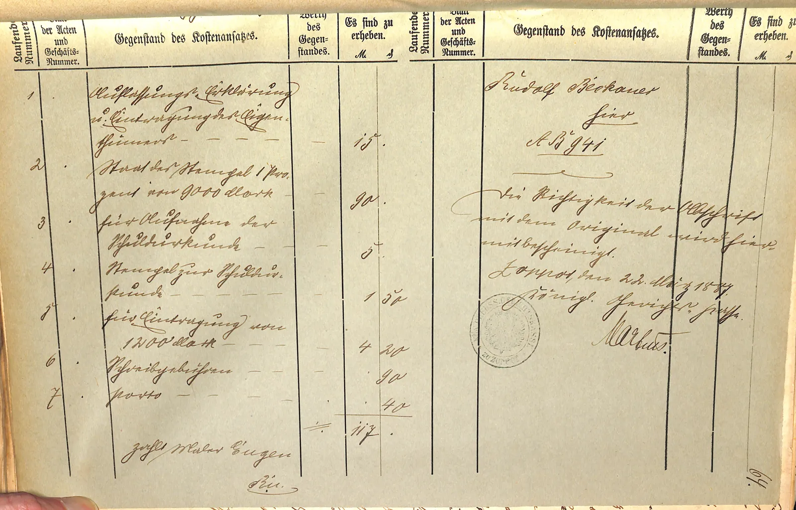 Skan: Uwierzytelniony rachunek kosztów transakcji Trieder–Beckauer (1887)
