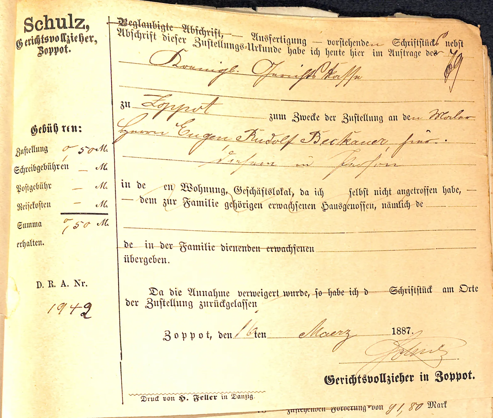 Skan: Zwrotki doręczenia postanowienia o zajęciu wierzytelności (marzec 1887) — ujęcie 1 z 2