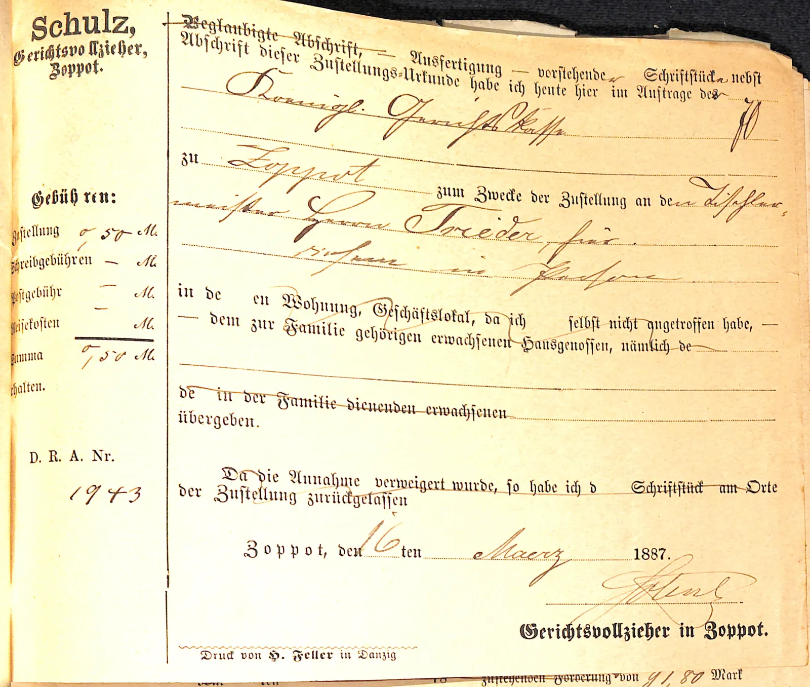 Skan: Zwrotki doręczenia postanowienia o zajęciu wierzytelności (marzec 1887) — ujęcie 2 z 2