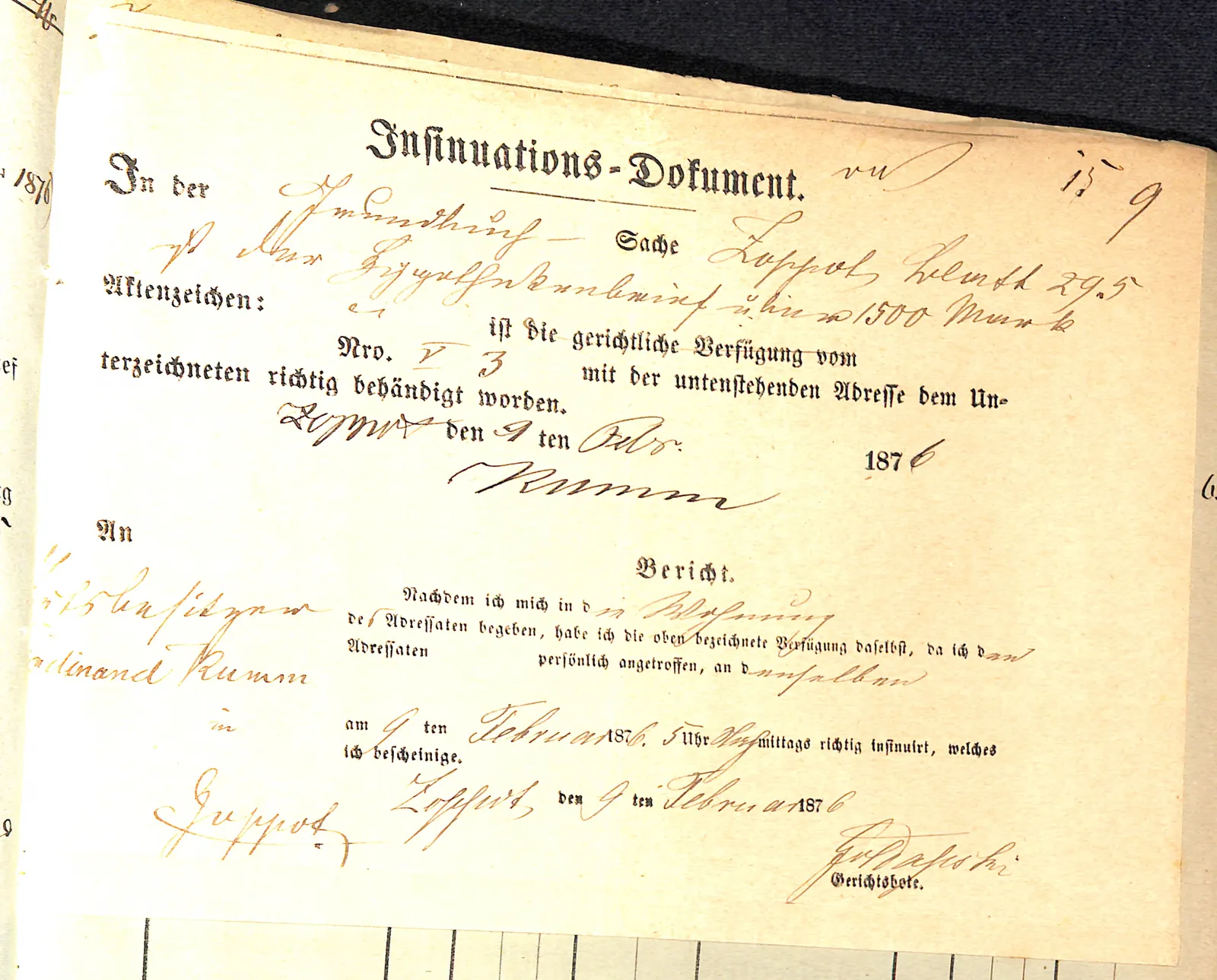 Skan: Poświadczenie doręczenia Ferdinandowi Krammowi listu hipotecznego na 1500 marek