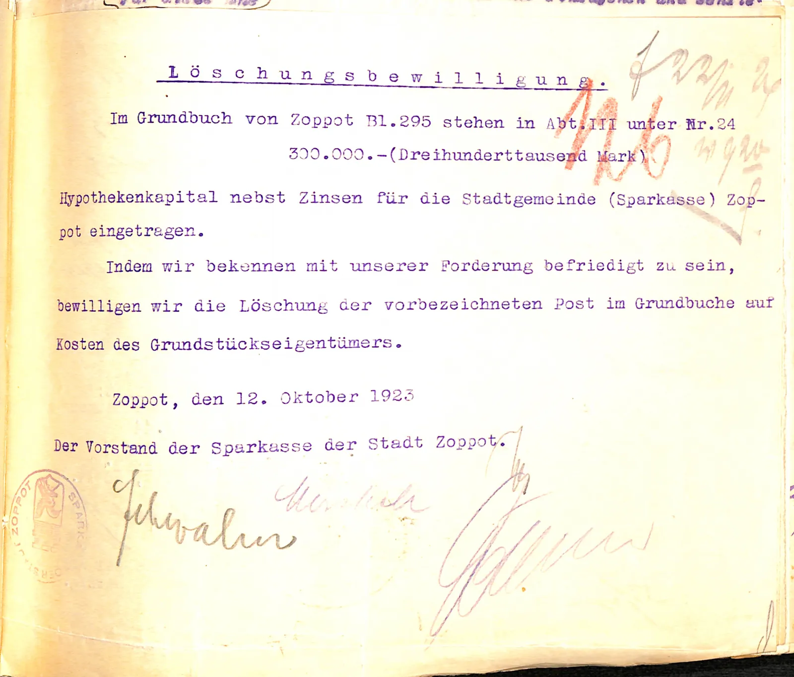 Skan: Zezwolenie na wykreślenie hipoteki 300 000 M — adres Gedanzig w Berlinie — ujęcie 1 z 2