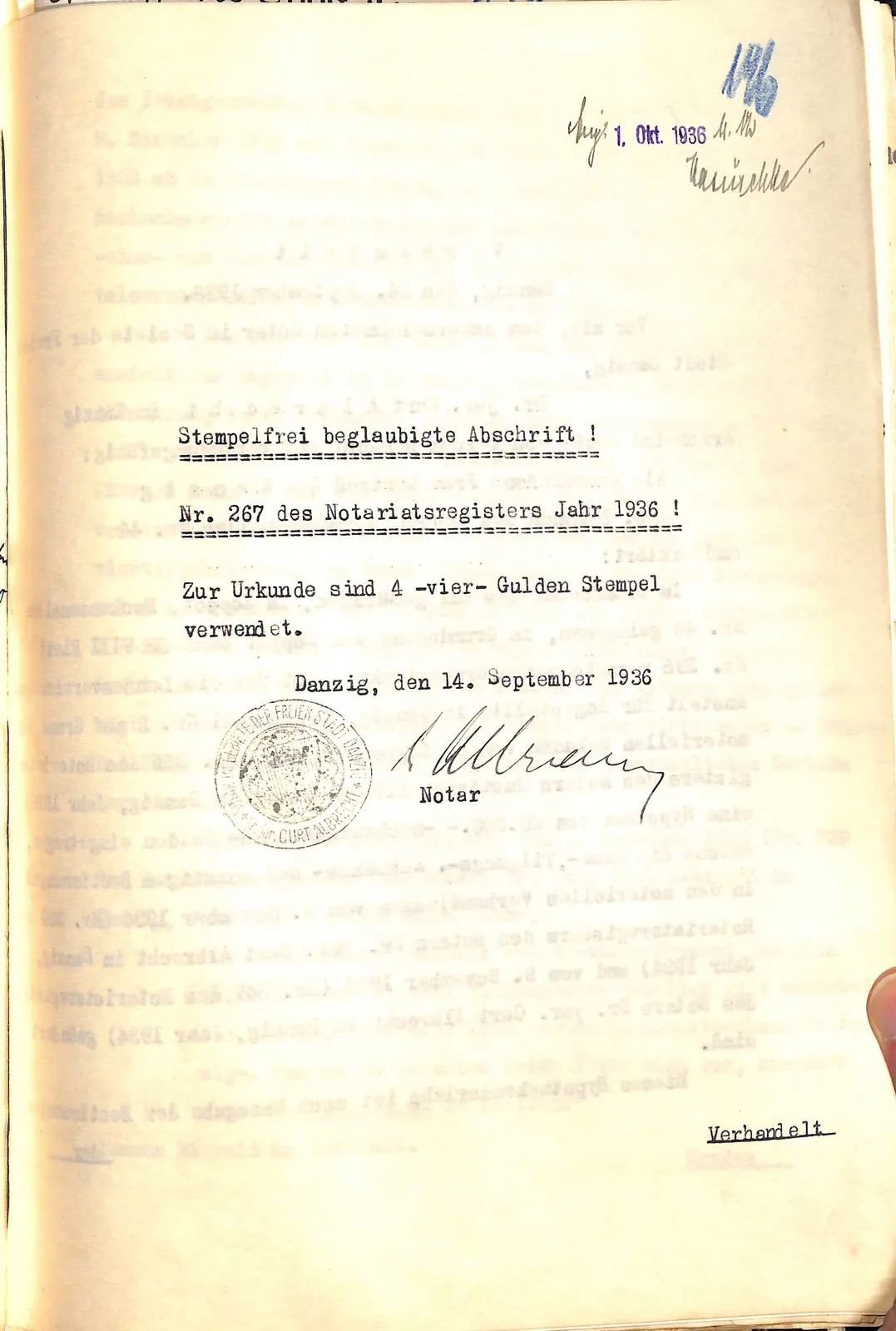 Skan: Protokół notarialny zmiany warunków hipoteki — pierwsze poświadczenie Mackensenallee 44 — ujęcie 1 z 8