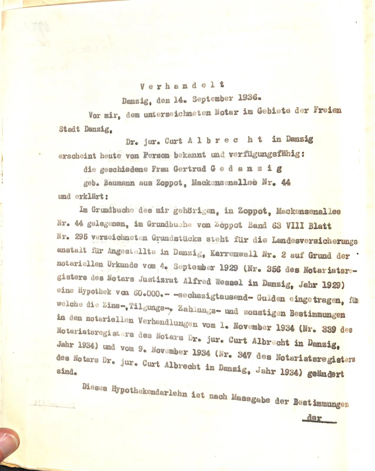 Skan: Protokół notarialny zmiany warunków hipoteki — pierwsze poświadczenie Mackensenallee 44 — ujęcie 2 z 8