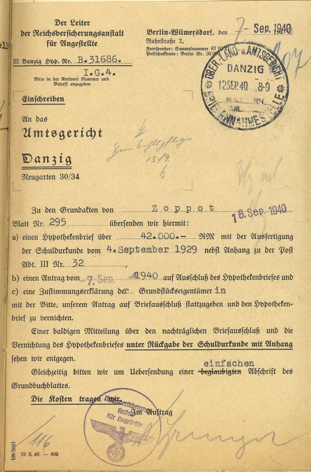 Skan: Wniosek Reichsversicherungsanstalt o wyłączenie listu hipotecznego (Briefausschluß)