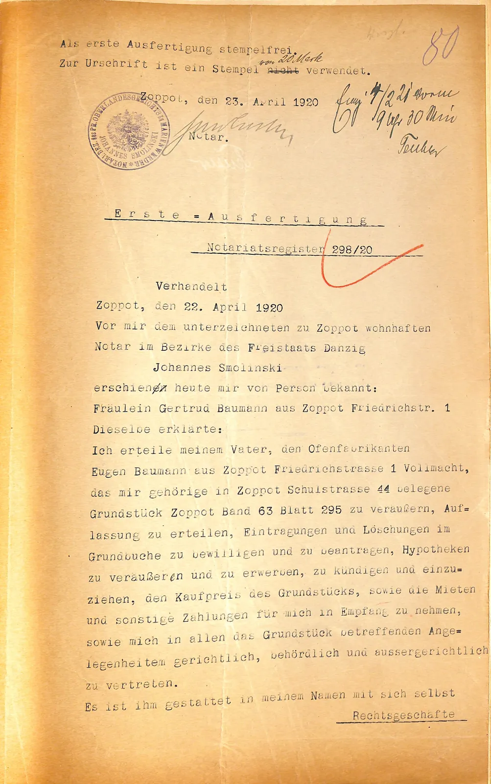 Skan: Pierwszy wypis pełnomocnictwa generalnego Eugena Baumanna — ujęcie 1 z 2