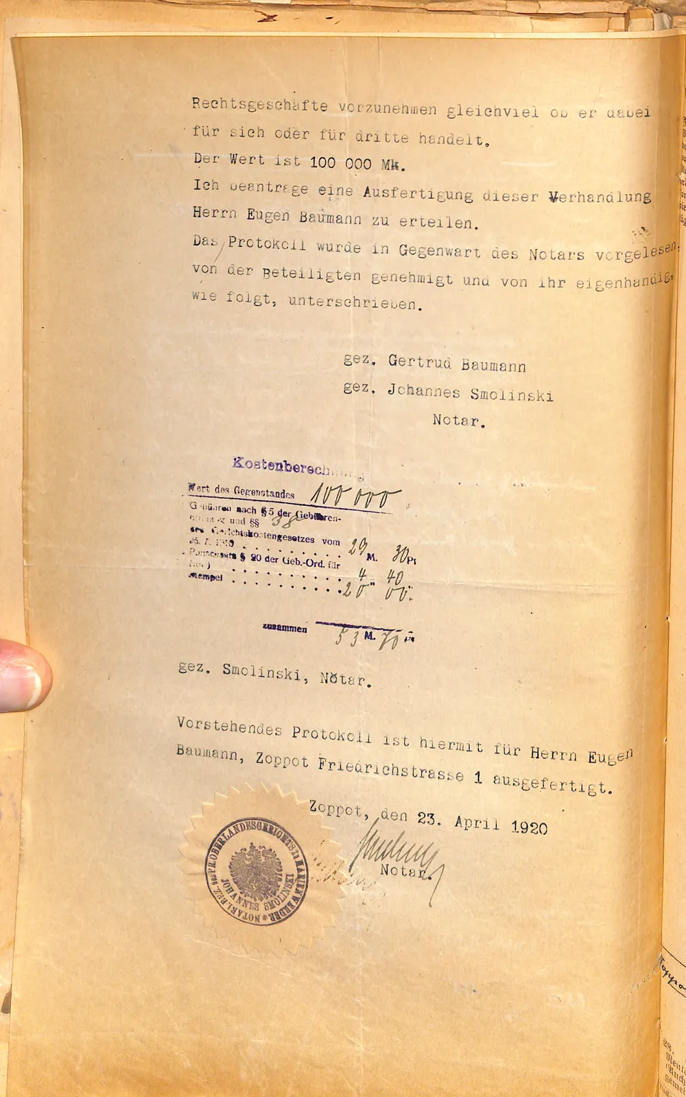 Skan: Pierwszy wypis pełnomocnictwa generalnego Eugena Baumanna — ujęcie 2 z 2