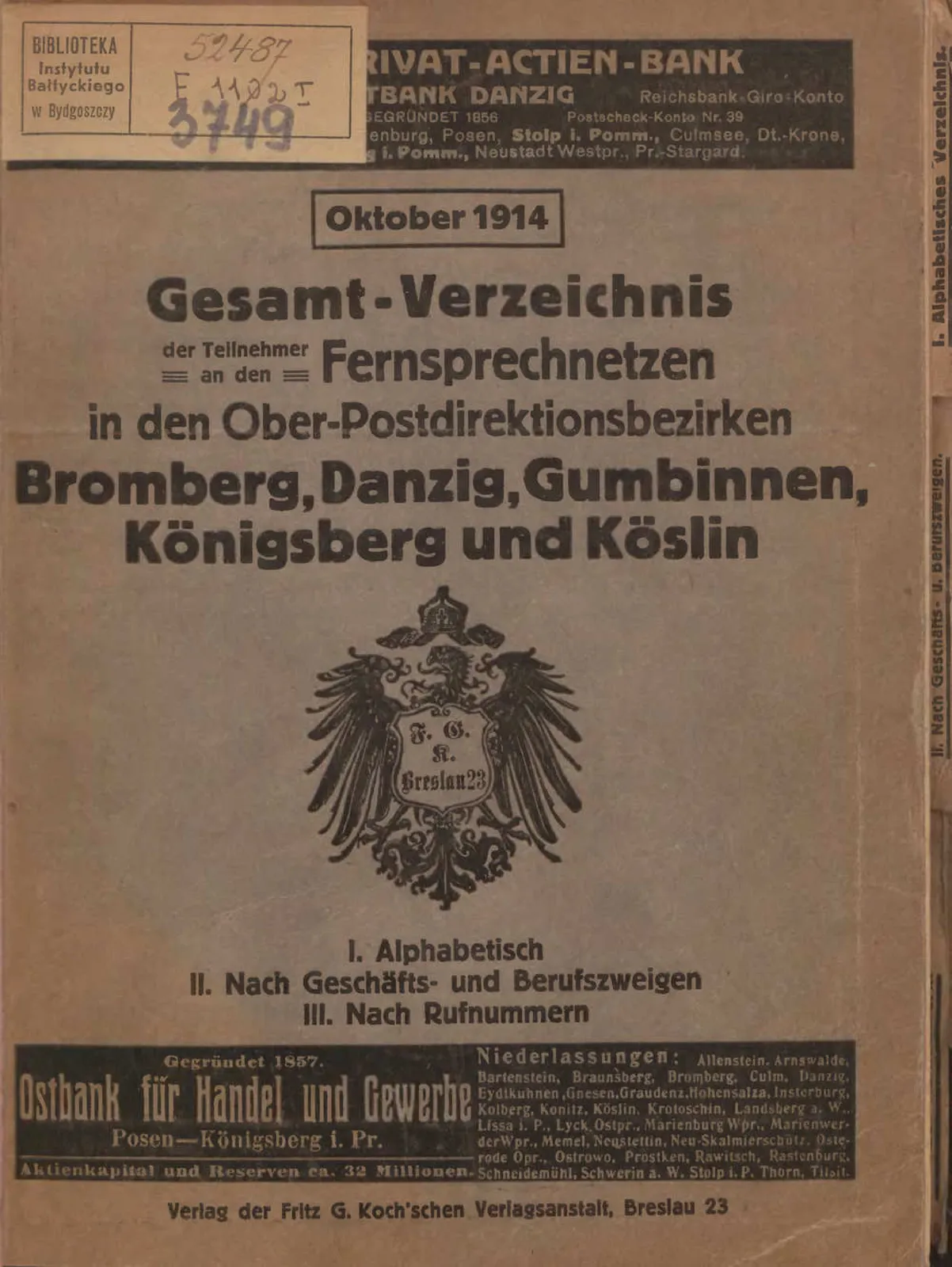 Skan: Spis abonentów telefonicznych 1914 — Sopot: Schmidtke, Wolschon, Dunkel — ujęcie 1 z 7