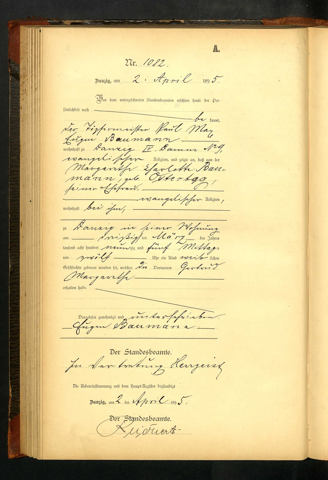 Skan: Akt urodzenia Gertrud Margarethe Baumann, USC Gdańsk nr 1082/1895