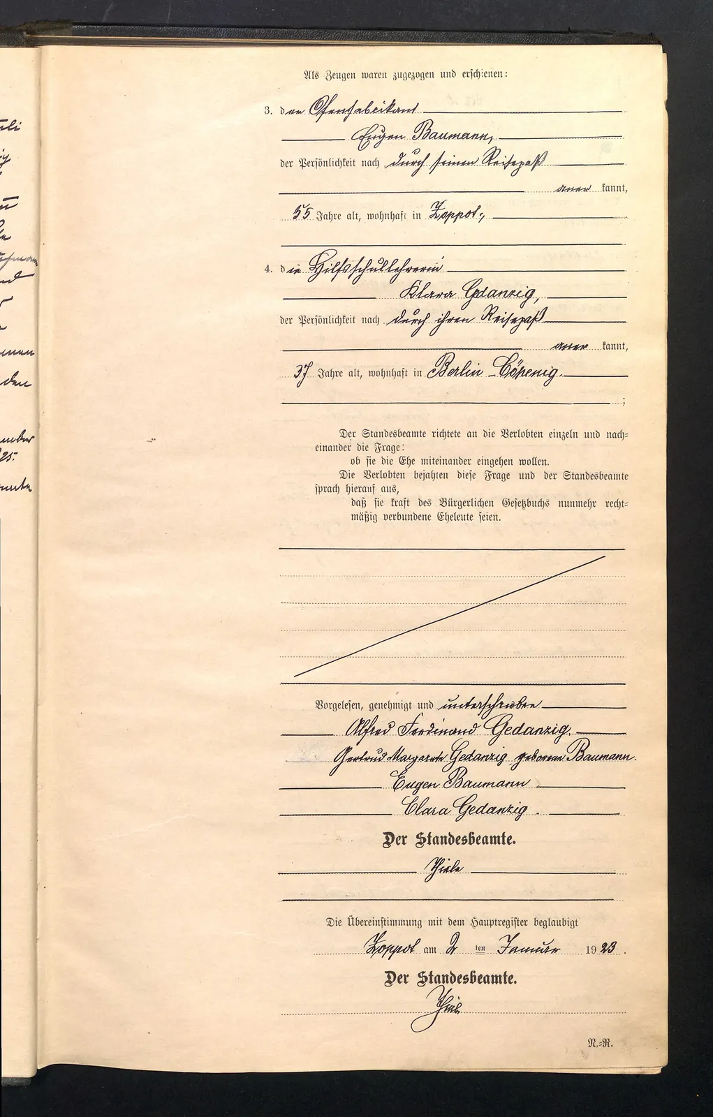 Skan: Akt małżeństwa Gedanzig–Baumann, USC Sopot nr 1/1923 (z adnotacją o rozwodzie) — ujęcie 2 z 2
