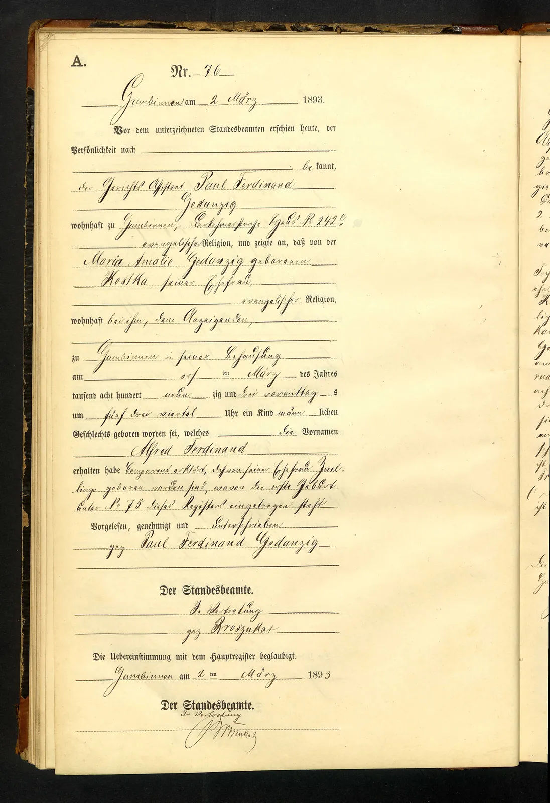 Skan: Akt urodzenia Alfreda Ferdinanda Gedanziga, USC Gumbinnen nr 76/1893