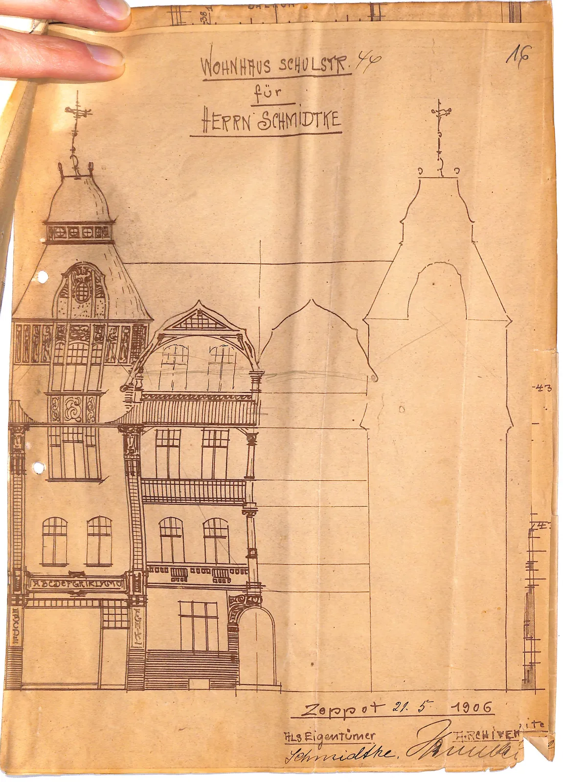 Projekt Heinricha Dunkela, 21 V 1906 — elewacja frontowa od Schulstraße (niezrealizowany)