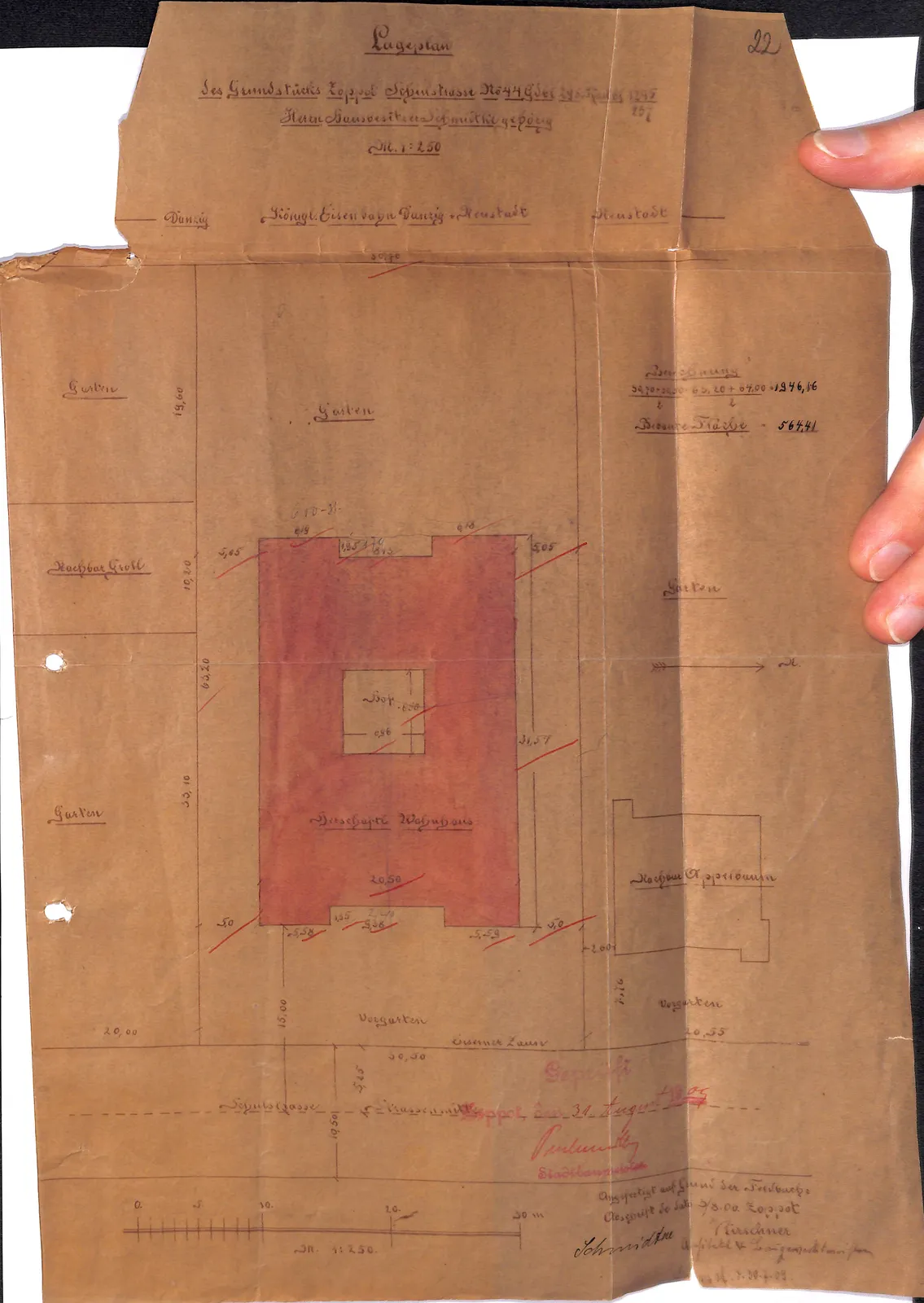 Skan: Plan sytuacyjny 1:250 — wytyczenie działki, Kirschner (3 VIII 1906)
