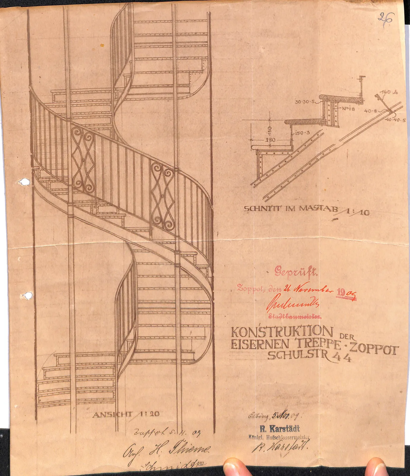Schody kręcone — rysunek warsztatowy, Karstädt/Thieme, 5 XI 1909