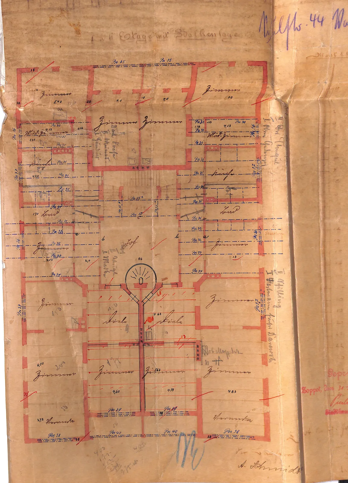 Skan: Elewacja boczna, przekrój, rzuty pięter i poddasza (zatw. 31 VIII 1909) — ujęcie 3 z 4