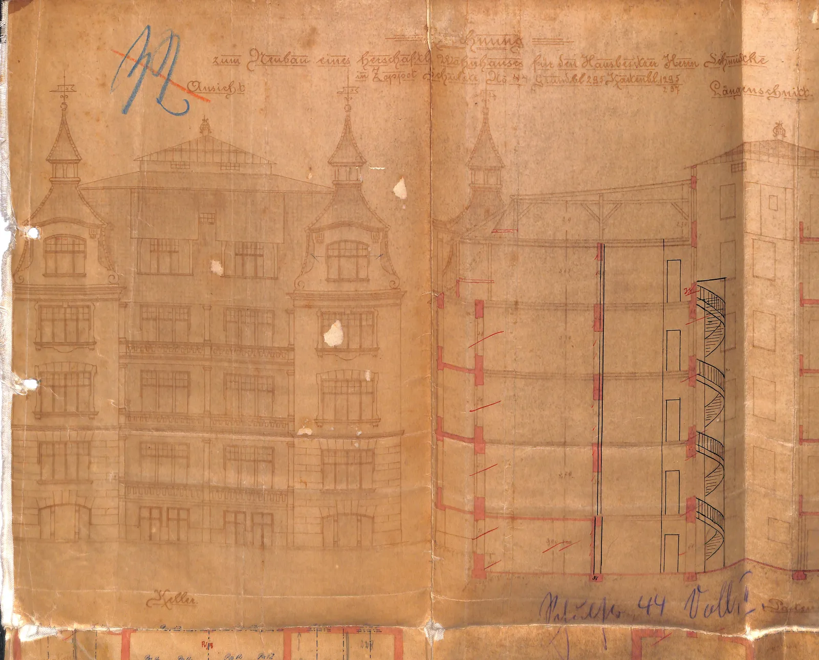 Skan: Widok i przekrój kamienicy frontowej (ok. 1909) — ujęcie 1 z 3