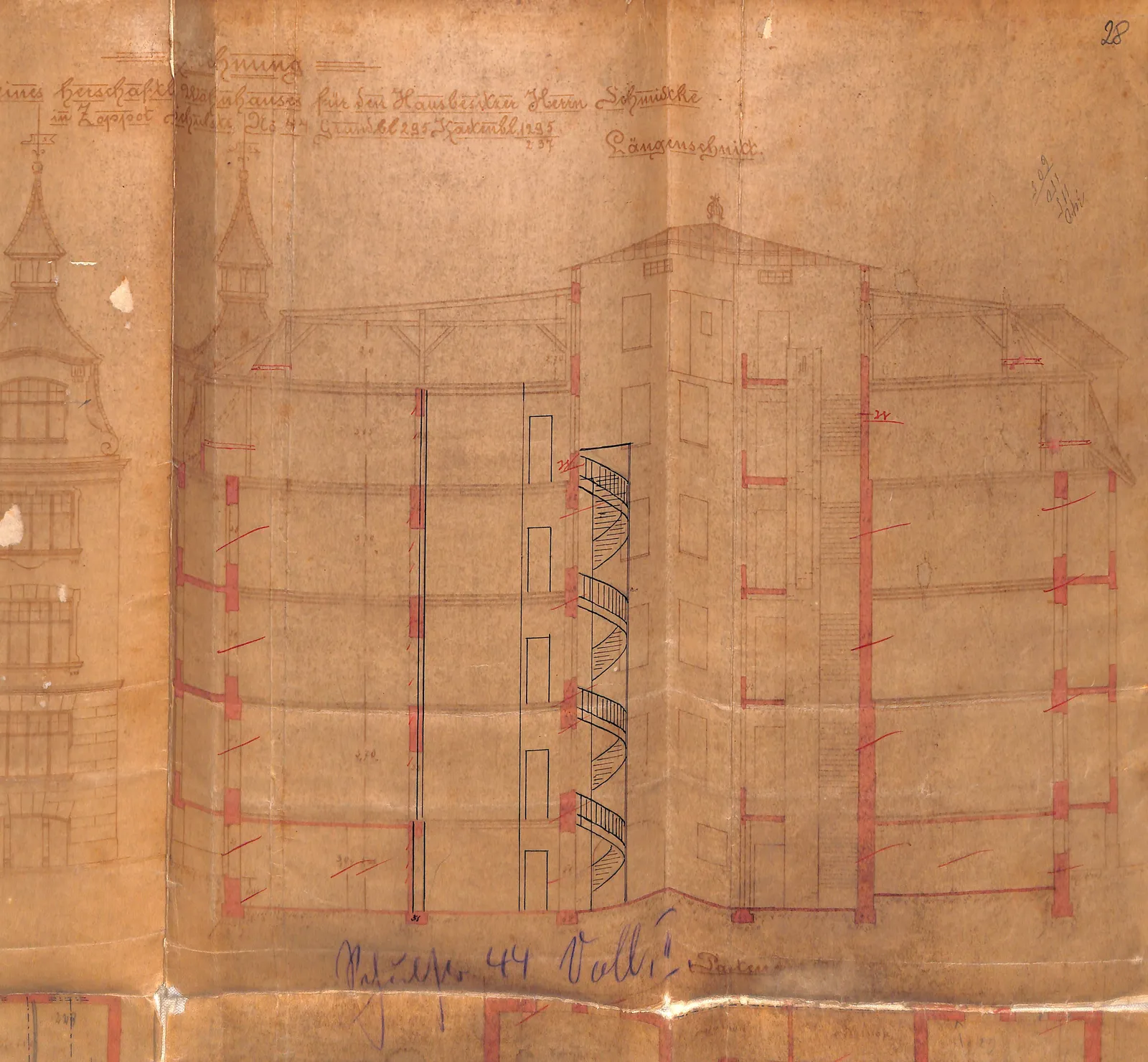 Skan: Widok i przekrój kamienicy frontowej (ok. 1909) — ujęcie 2 z 3